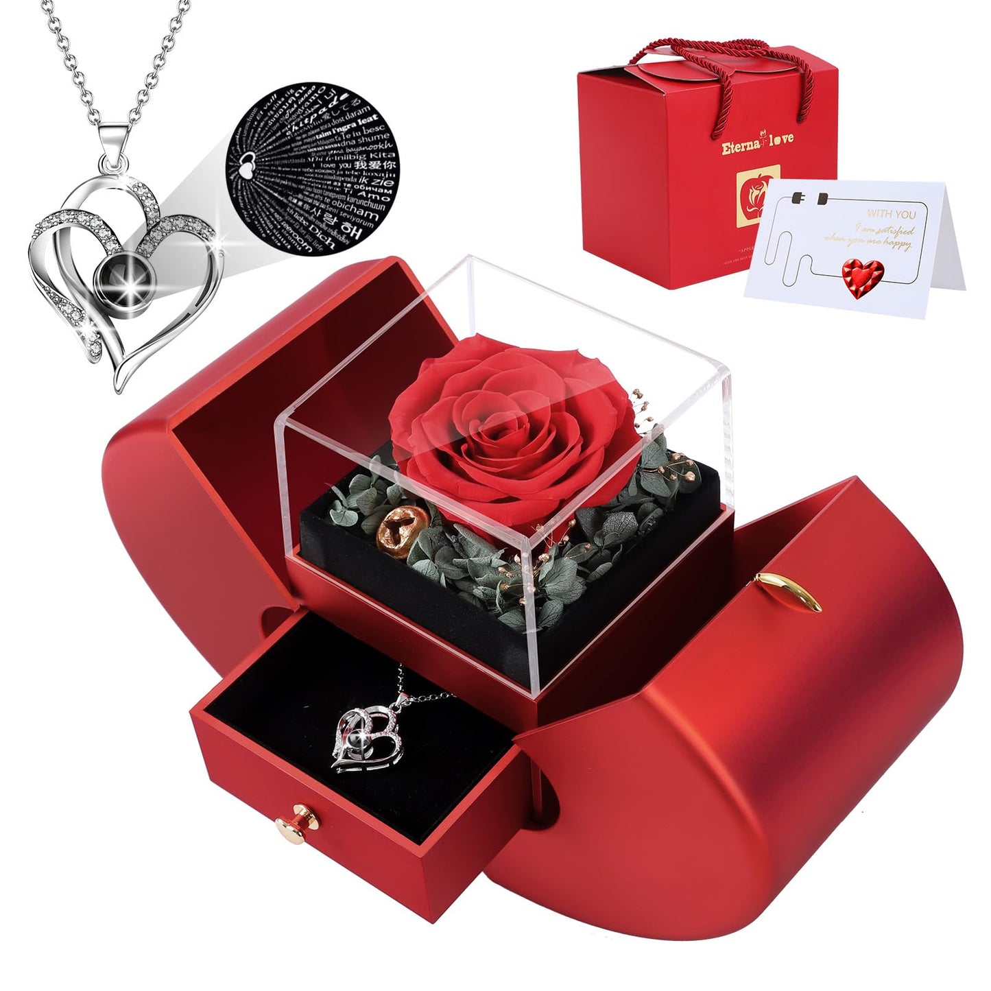 Preserved Rose Box with I Love You Necklace 100 Languages, Gifts for Her Mom Wife Women Sister Grandma Girlfriend(Red)