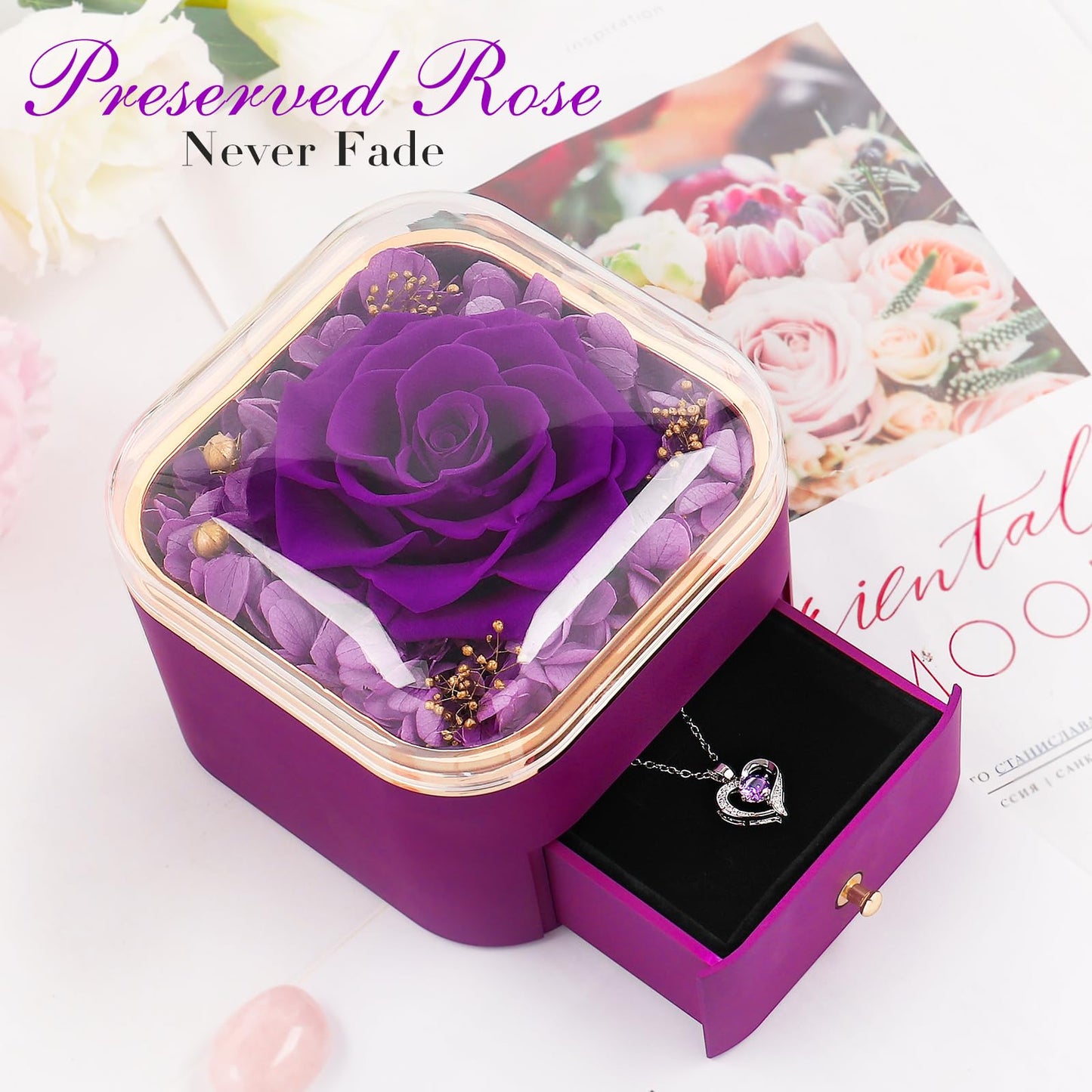 Birthday Gifts for Women Mom Preserved Real Rose with Necklace