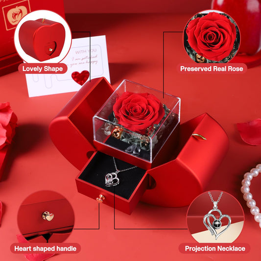 Preserved Rose Box with I Love You Necklace 100 Languages, Gifts for Her Mom Wife Women Sister Grandma Girlfriend(Red)