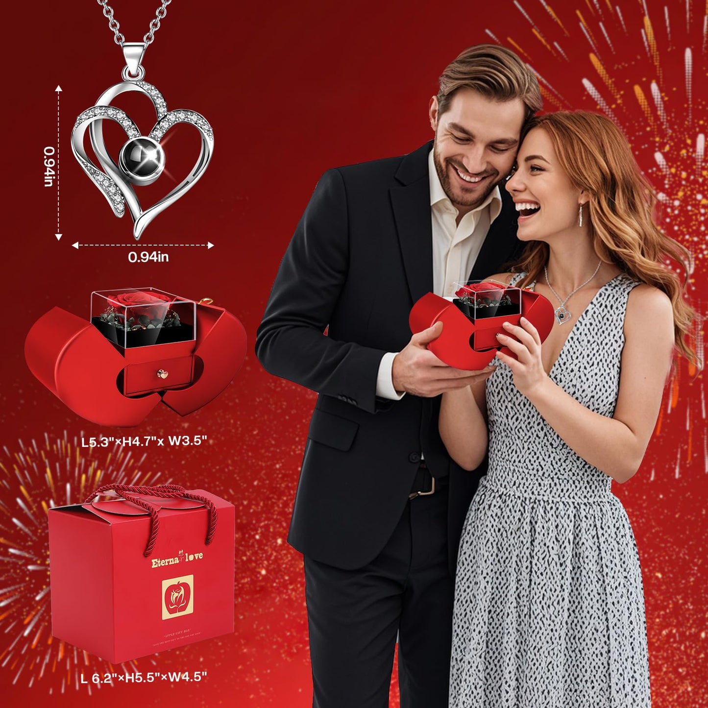 Preserved Rose Box with I Love You Necklace 100 Languages, Gifts for Her Mom Wife Women Sister Grandma Girlfriend(Red)